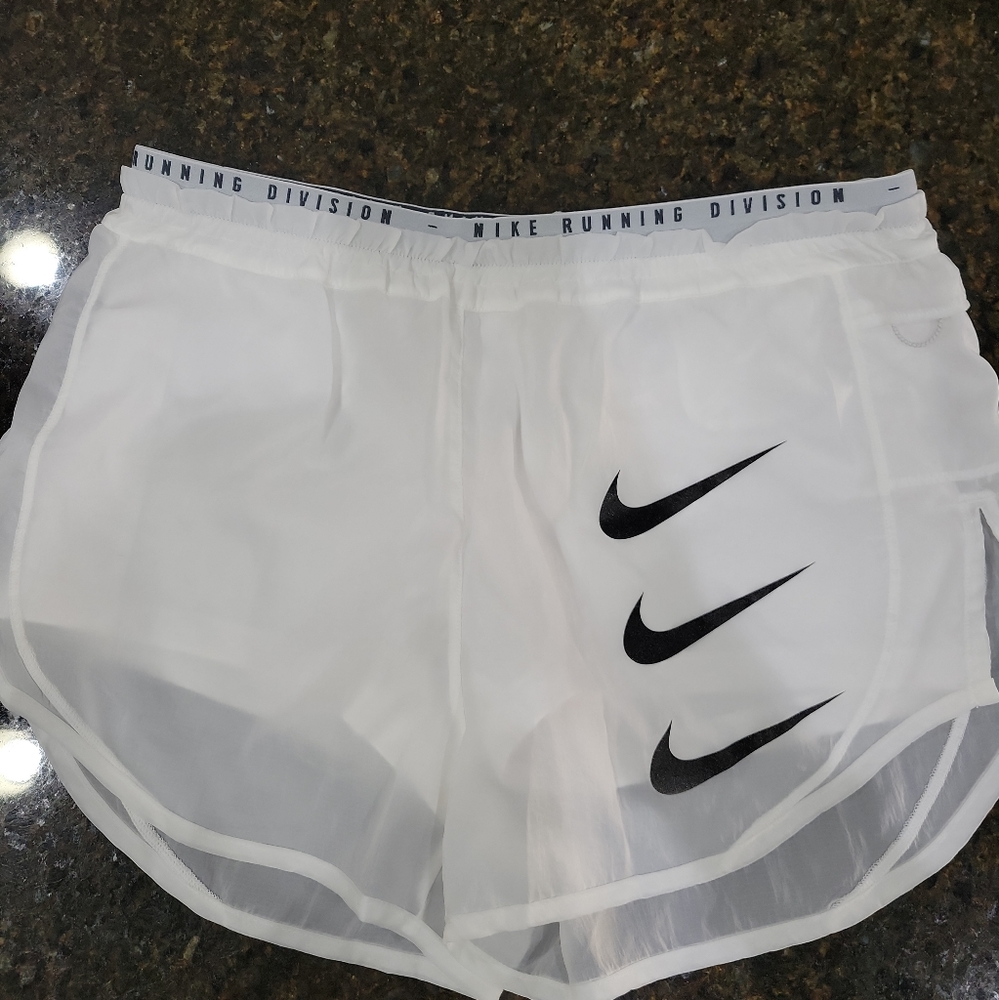Nike White Athletic Running Shorts with Black Swoosh Accents